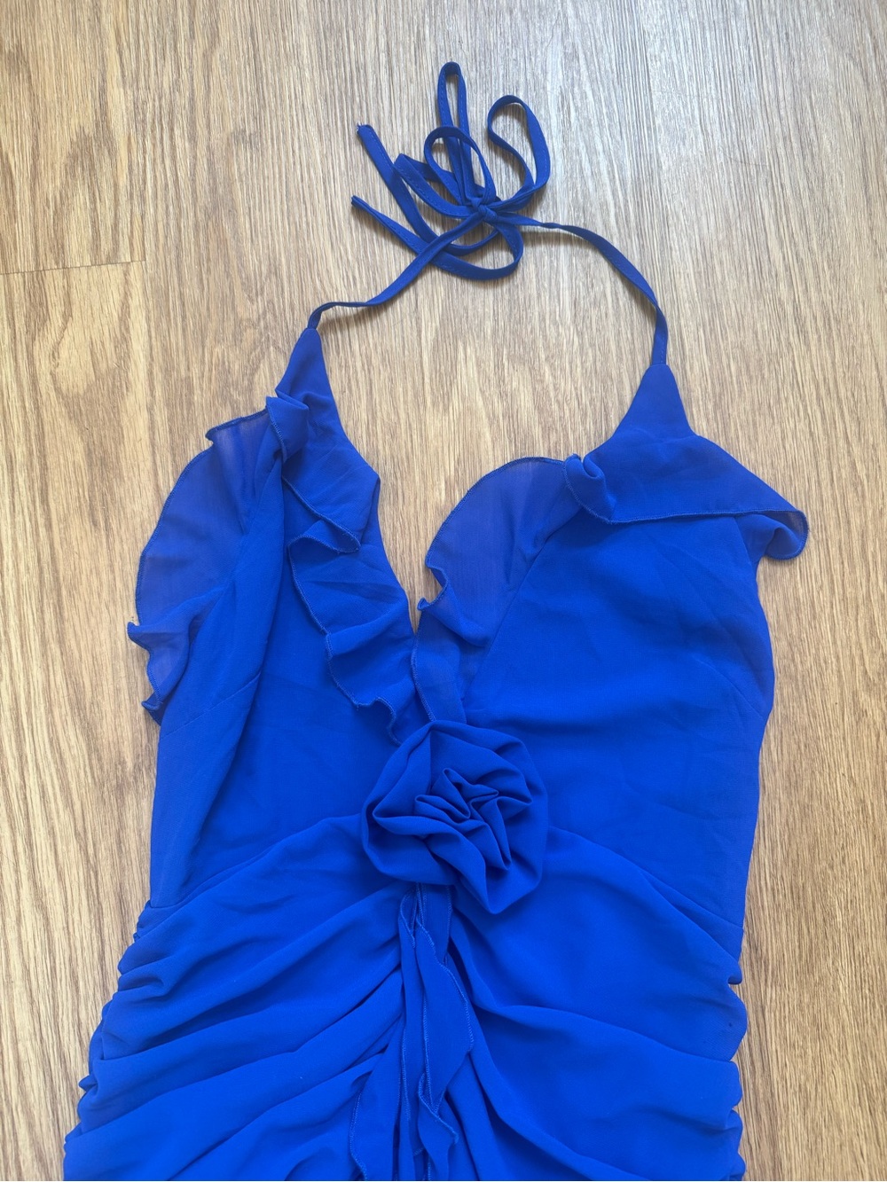 Royal Blue Ruffled Mini Dress - Halter Style - Picture 4 of 6